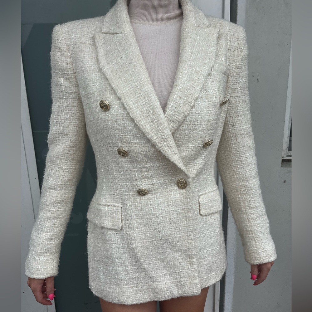 Zara white woven blazer jacket size small gold buttons